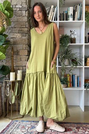 Paloma Bubble Hem Layering Dress Olive